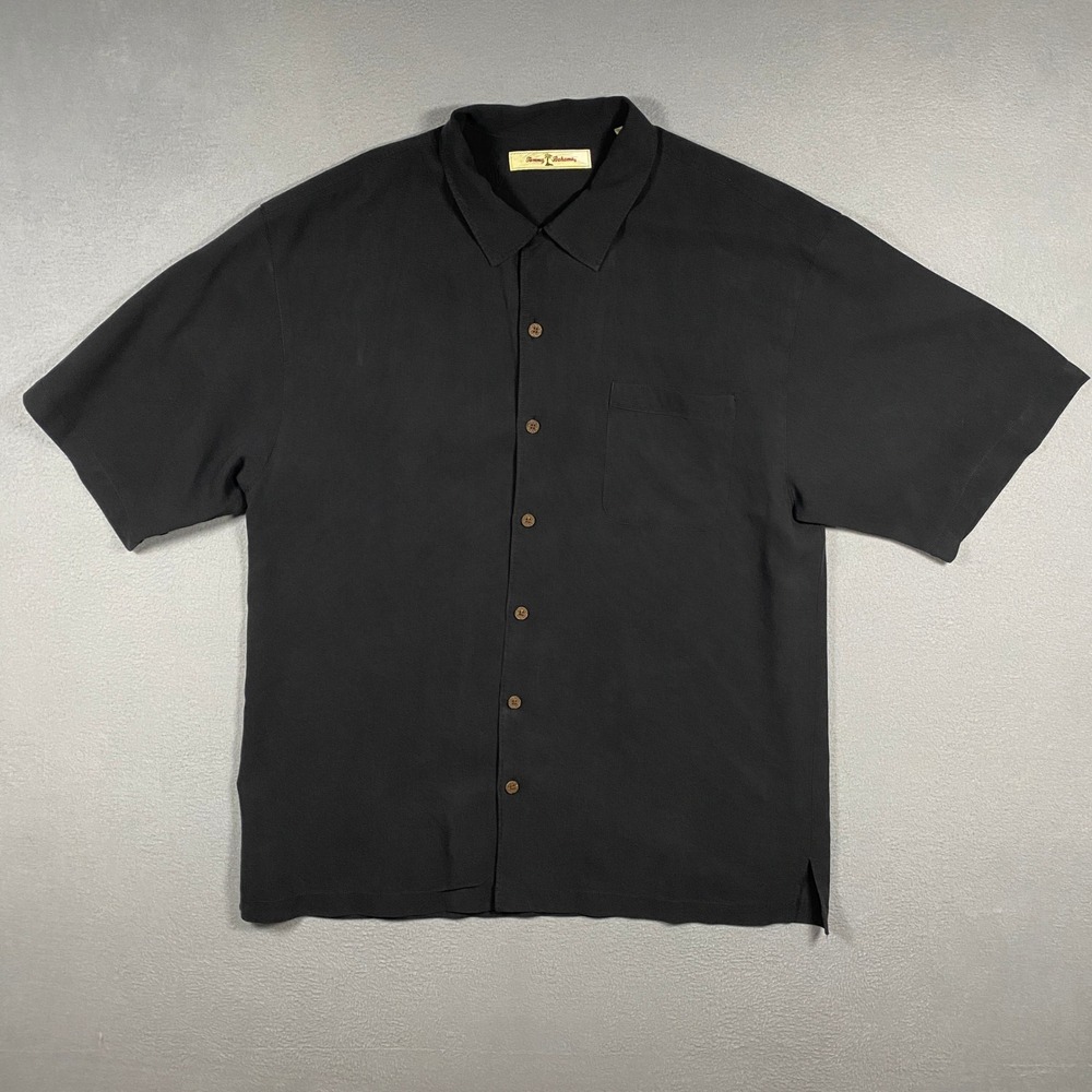 Tommy Bahama Silk Camp Shirt Mens L Black Waffle Weave Short Sleeve Button Down